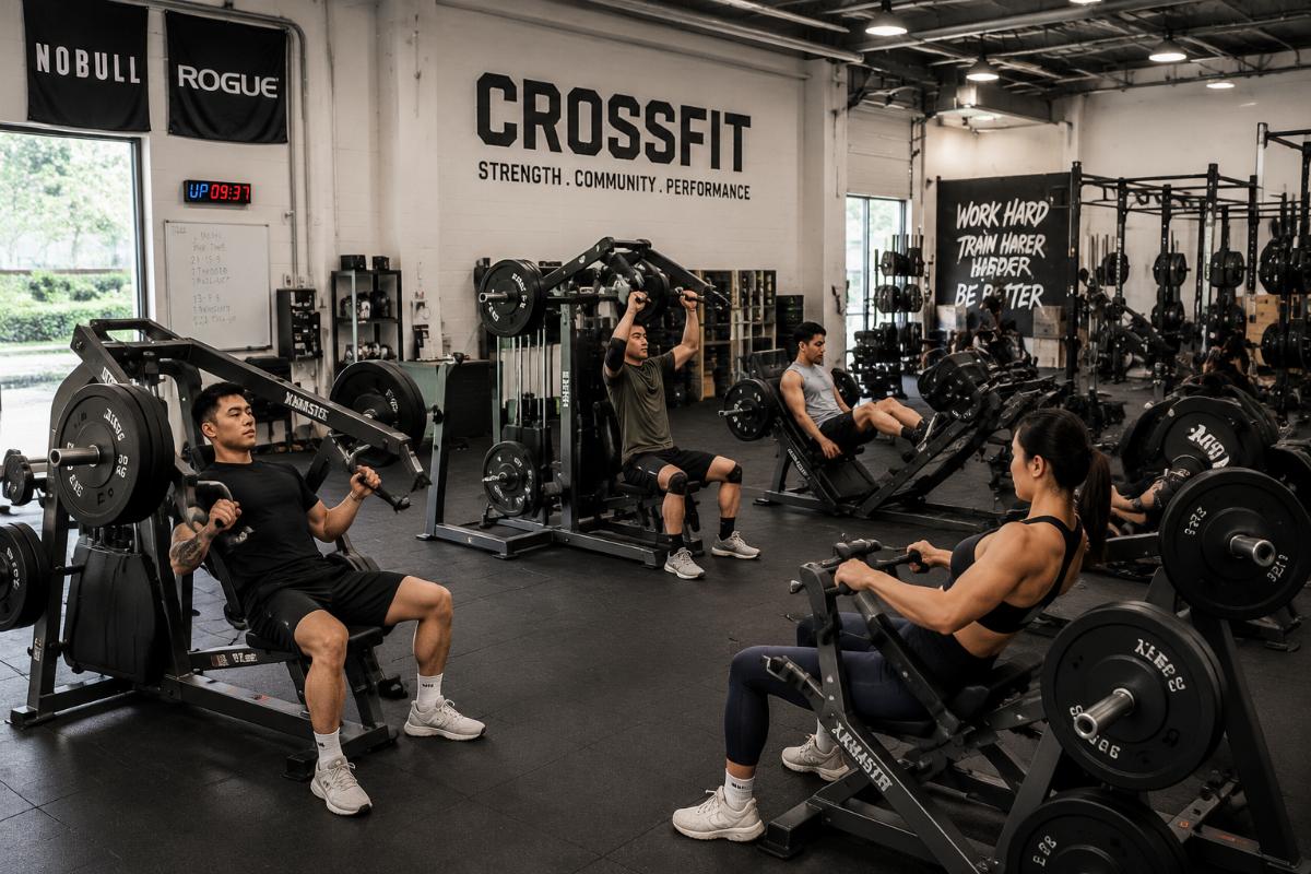 A CrossFit box with members using plate-loaded strength equipment
