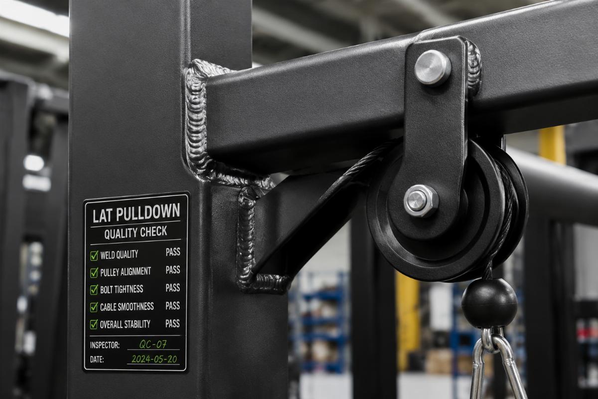 Close-up of a lat pulldown machine frame welding point and pulley assembly