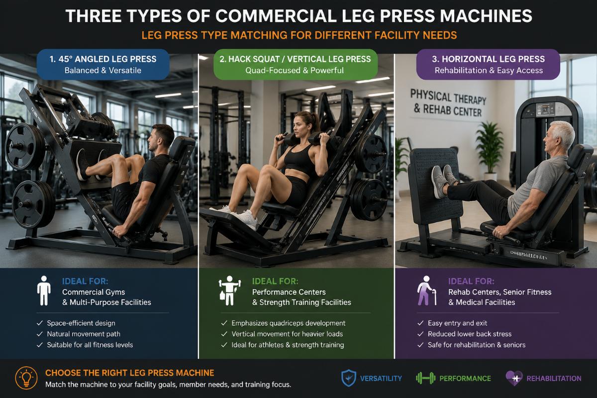Three types of commercial leg press machines in use by different facility users