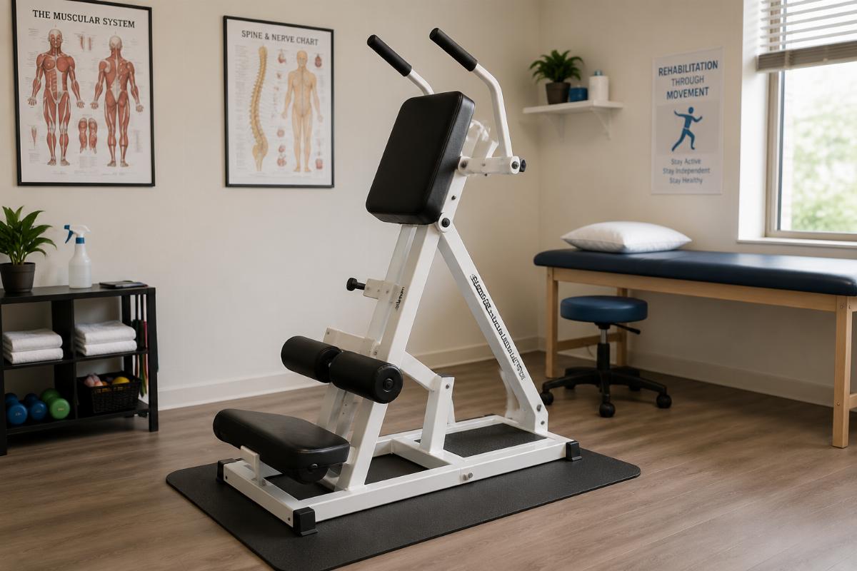 Manual abdominal crunch machine installed in a small physical therapy clinic
