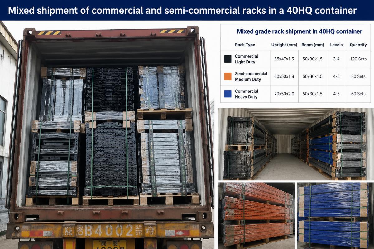 Mixed shipment of commercial and semi-commercial racks in a 40HQ container