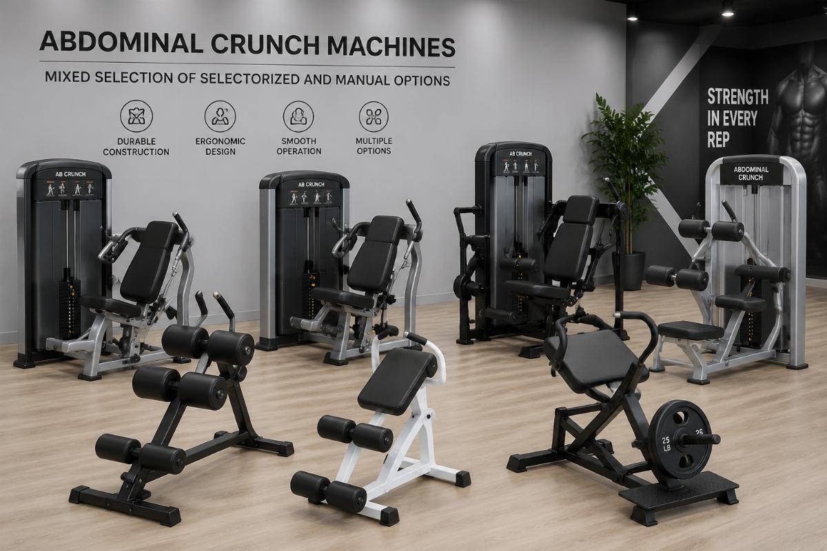 Mixed selection of selectorized and manual abdominal crunch machines arranged in a product showroom