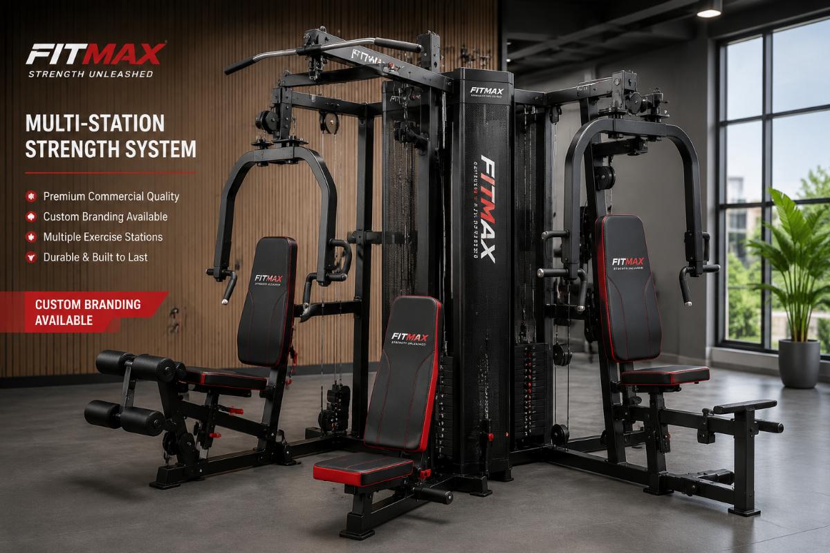 Commercial multi-station gym machine with custom branded upholstery and frame