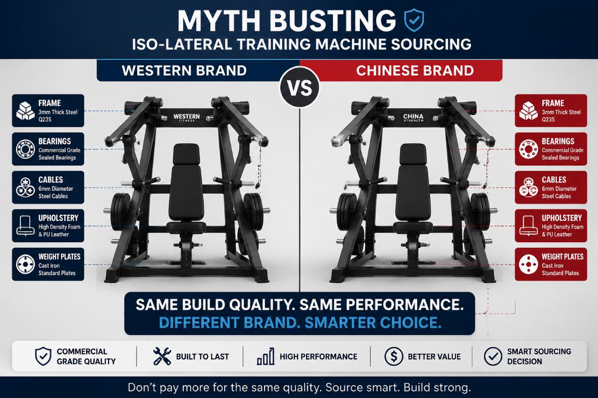 Side by side comparison of a Western brand and Chinese brand iso-lateral machine with identical build quality labels