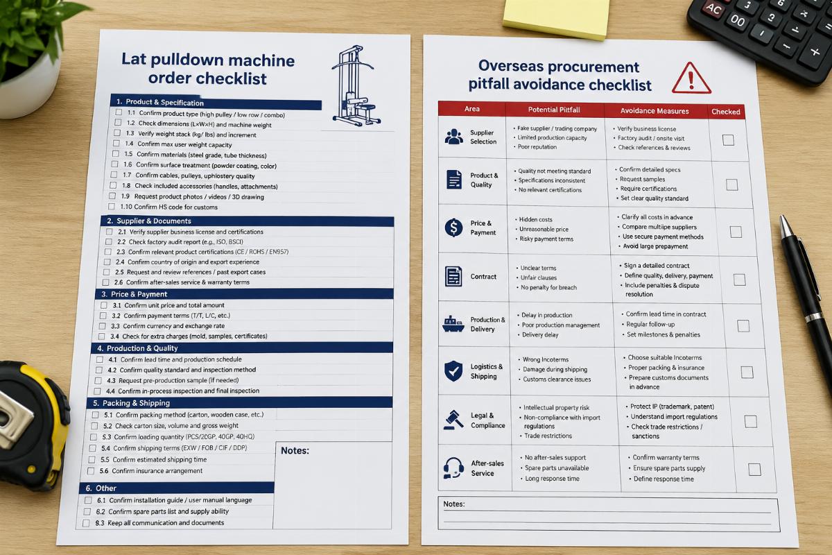 Lat pulldown machine order checklist printed on a workspace