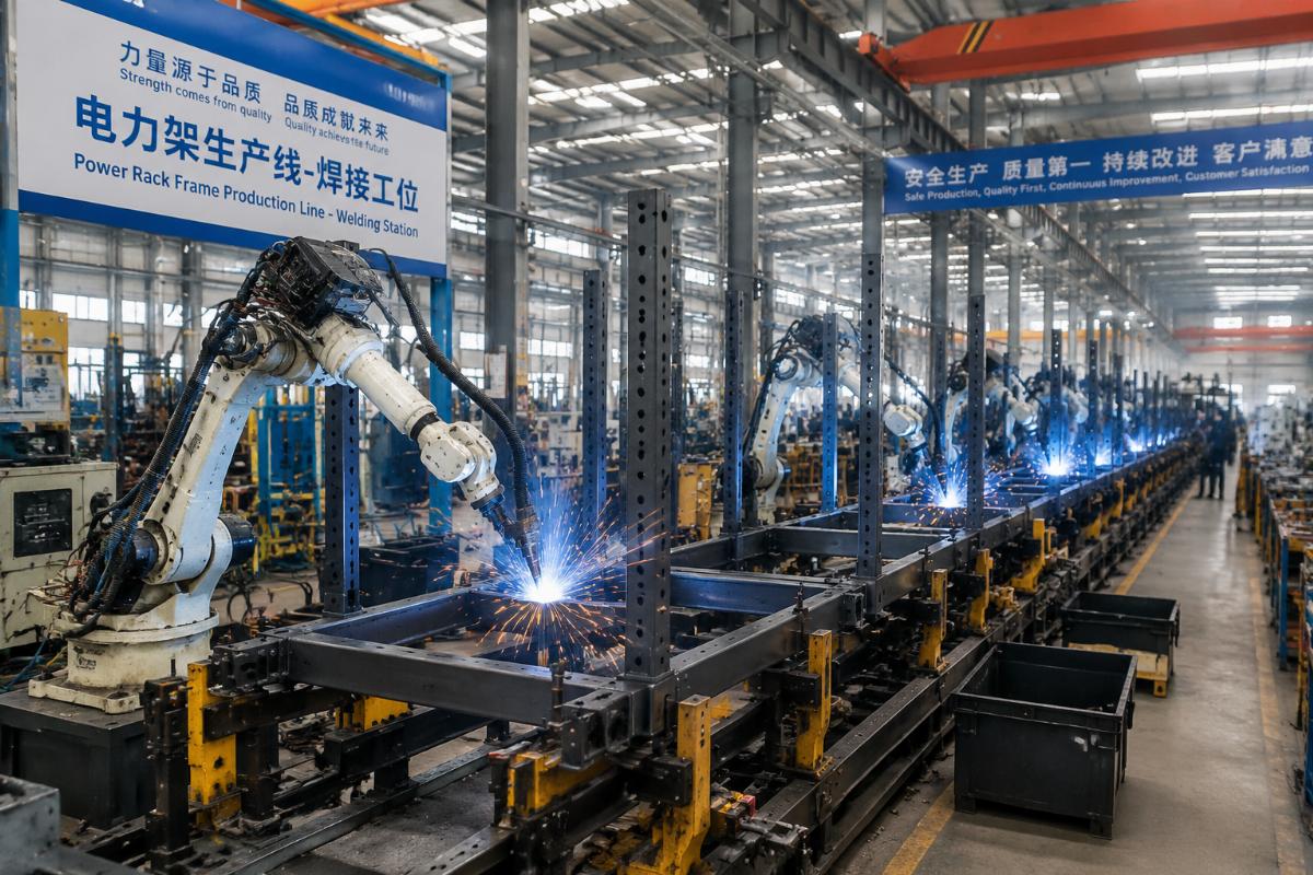 Factory production line for power rack frame welding