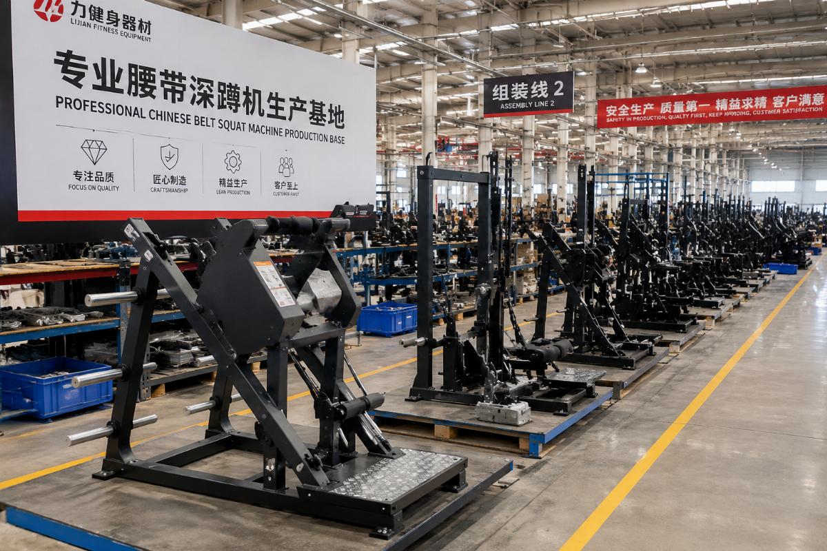 A production workshop of a Chinese fitness equipment factory showing assembly lines for strength training equipment