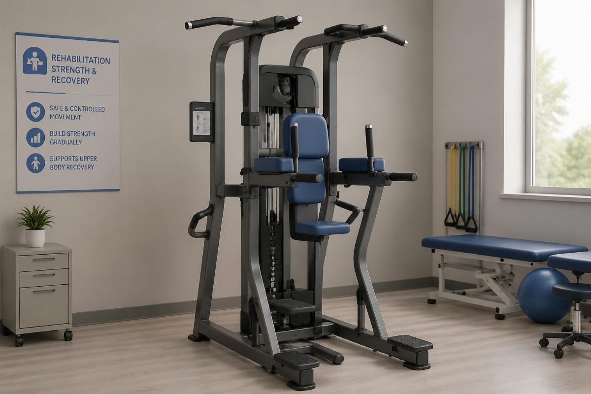 Assisted pull-up and dip machine configured for rehabilitation center use