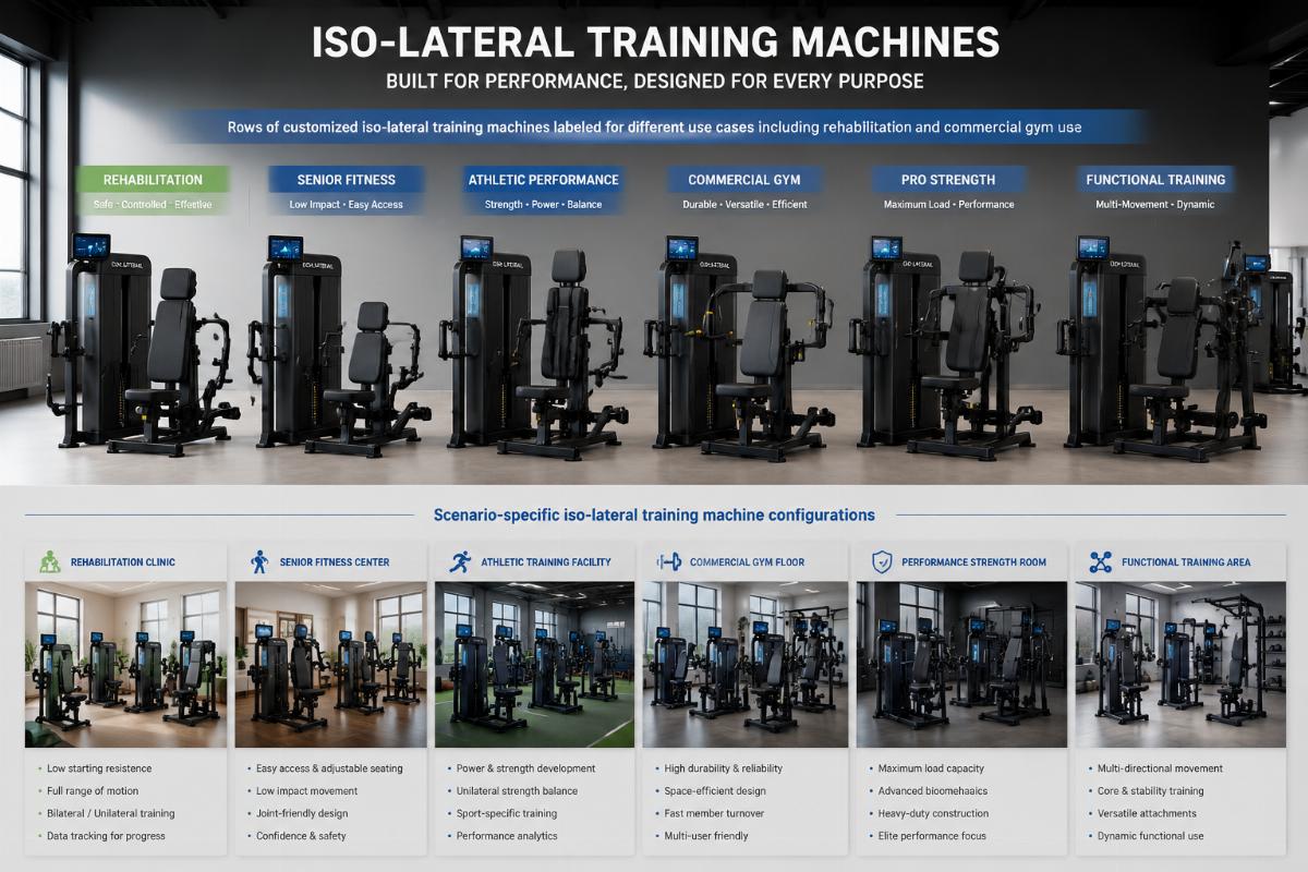 Rows of customized iso-lateral training machines labeled for different use cases including rehabilitation and commercial gym use