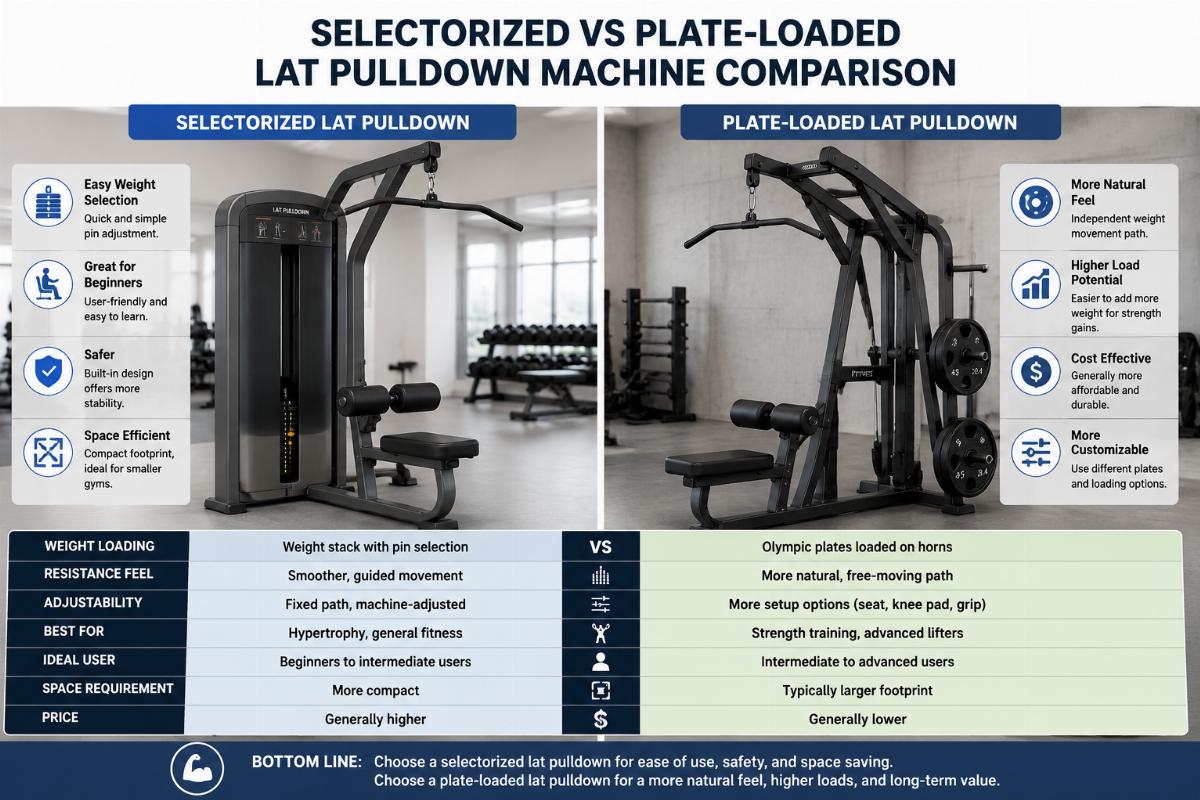 Side-by-side comparison of selectorized and plate-loaded lat pulldown machines