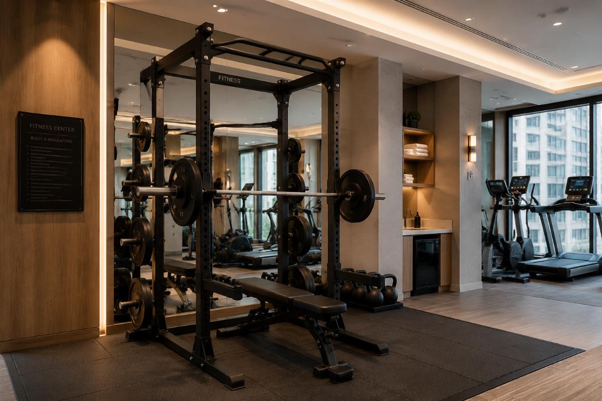 Semi-commercial squat rack installed in a hotel fitness room