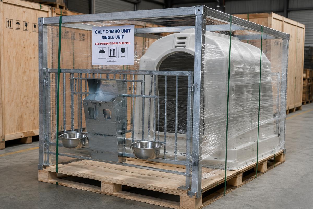 Single commercial calf combo unit packaged for international shipping ready for delivery