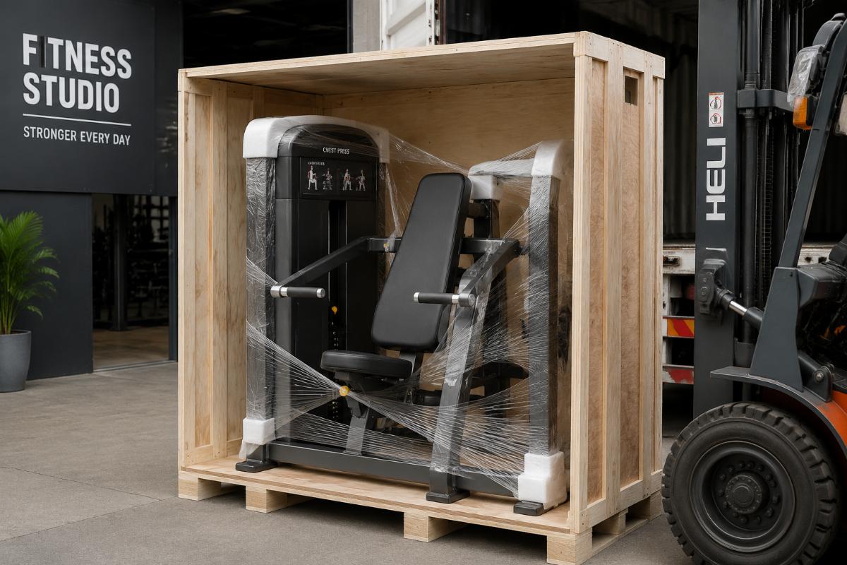 A single commercial chest press machine being loaded for shipping to a small fitness studio