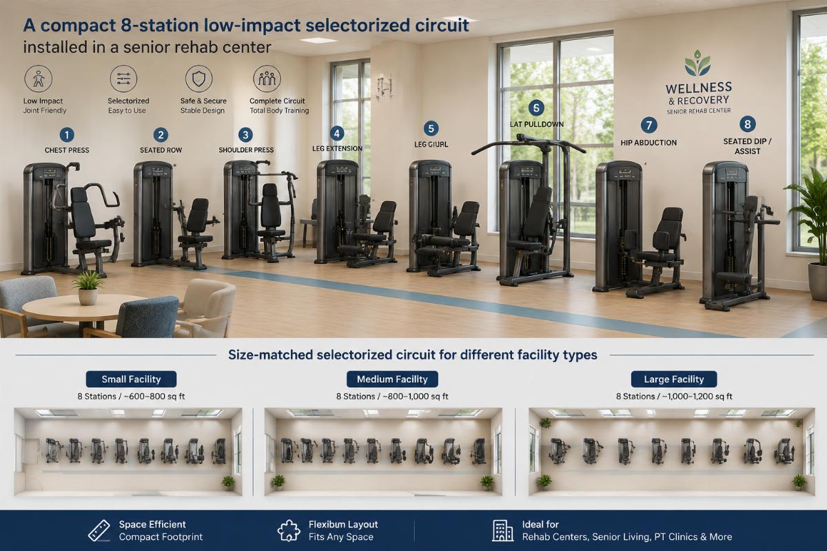 A compact 8-station low-impact selectorized circuit installed in a senior rehab center