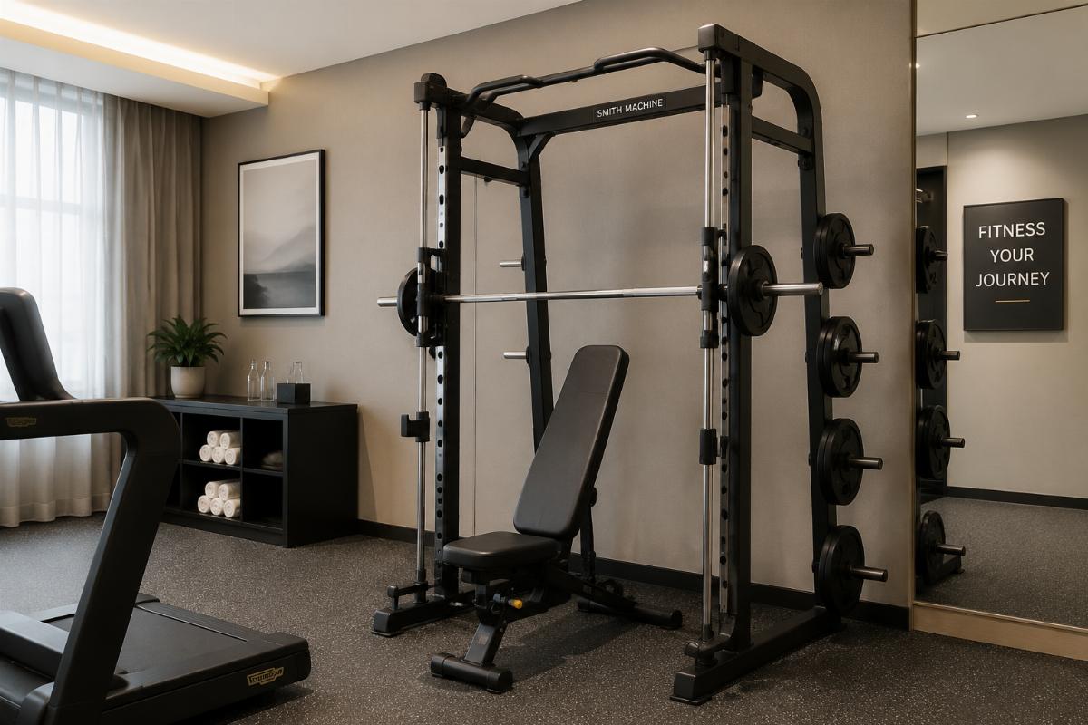 Compact Smith machine installed in a modern hotel fitness room with neutral decor