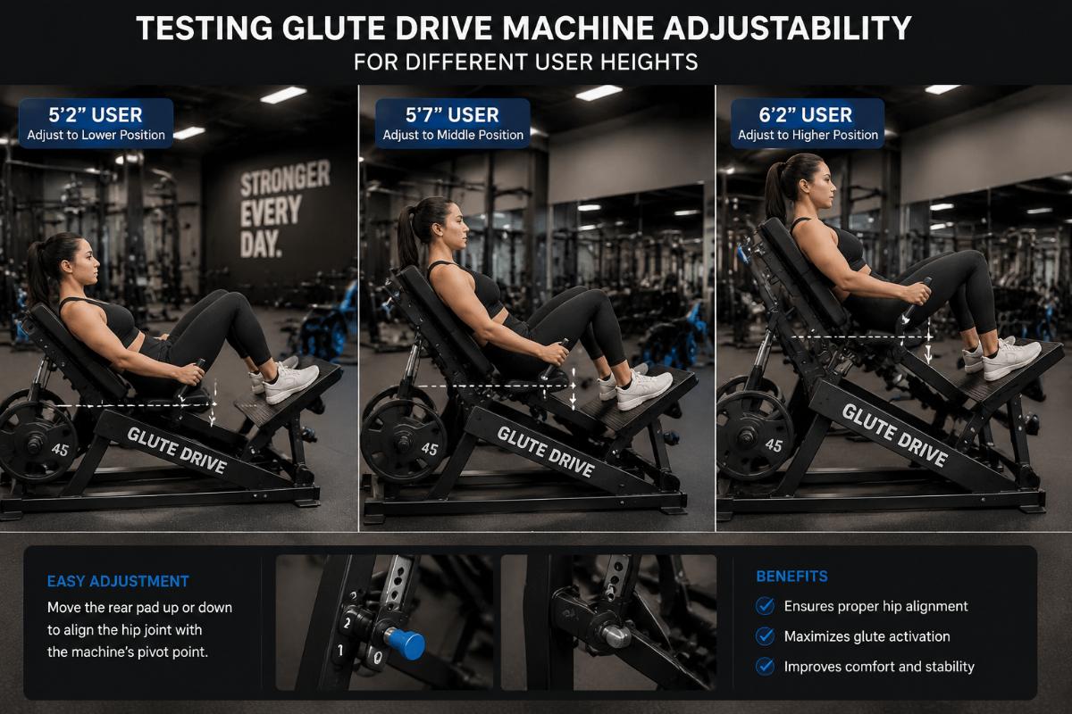 A user testing a adjustable glute drive machine in a commercial gym setting