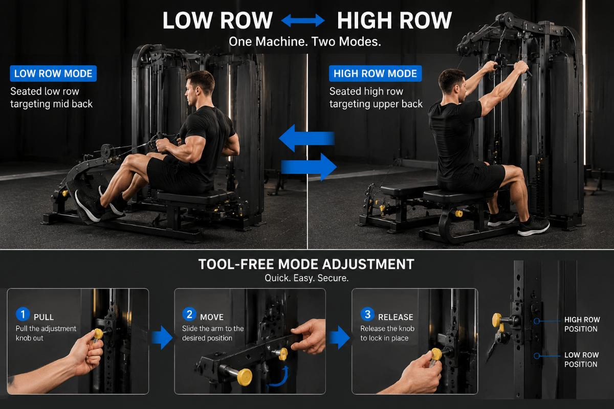 Demonstration of a user switching between low row and high row modes on a single seated row machine