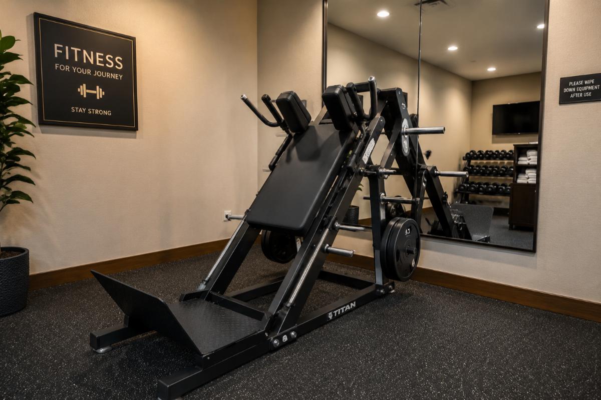 Compact traditional frame hack squat machine installed in a small hotel gym space