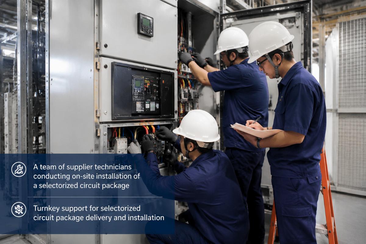 A team of supplier technicians conducting on-site installation of a selectorized circuit package