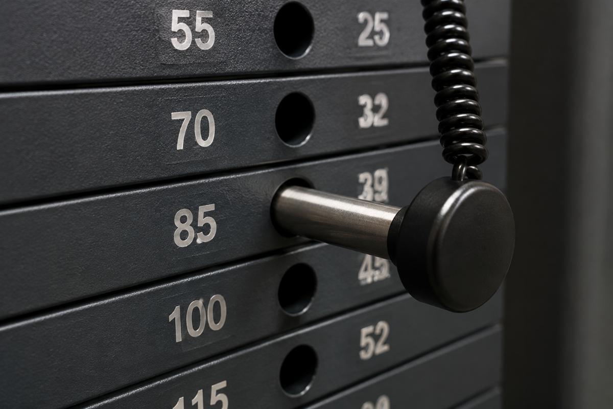 Close-up of a selection pin inserted into a weight stack slot showing tight tolerance alignment