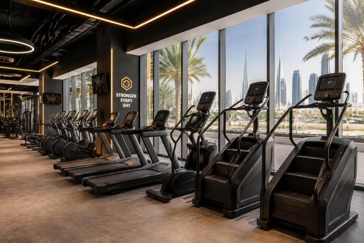 A modern commercial gym in the Middle East featuring stair climbers alongside treadmills and ellipticals