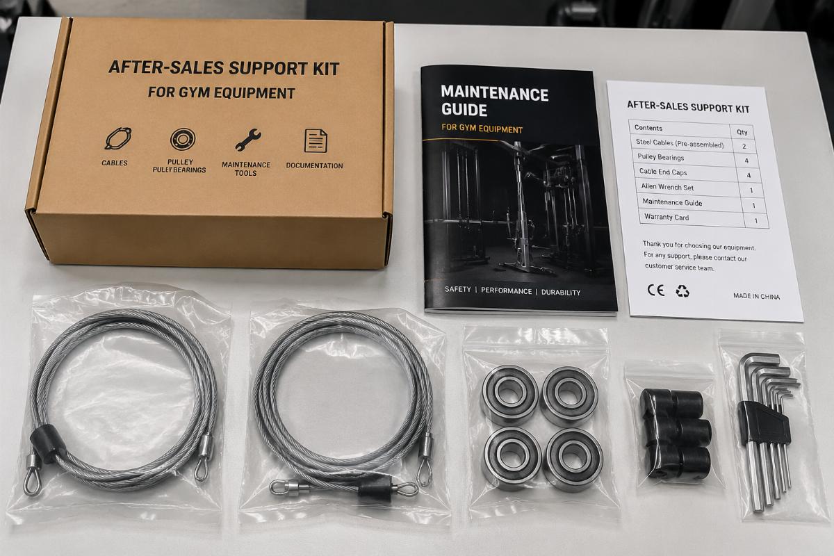 After-sales support kit including spare cables, pulley bearings, and maintenance documentation packaged for international gym equipment shipment