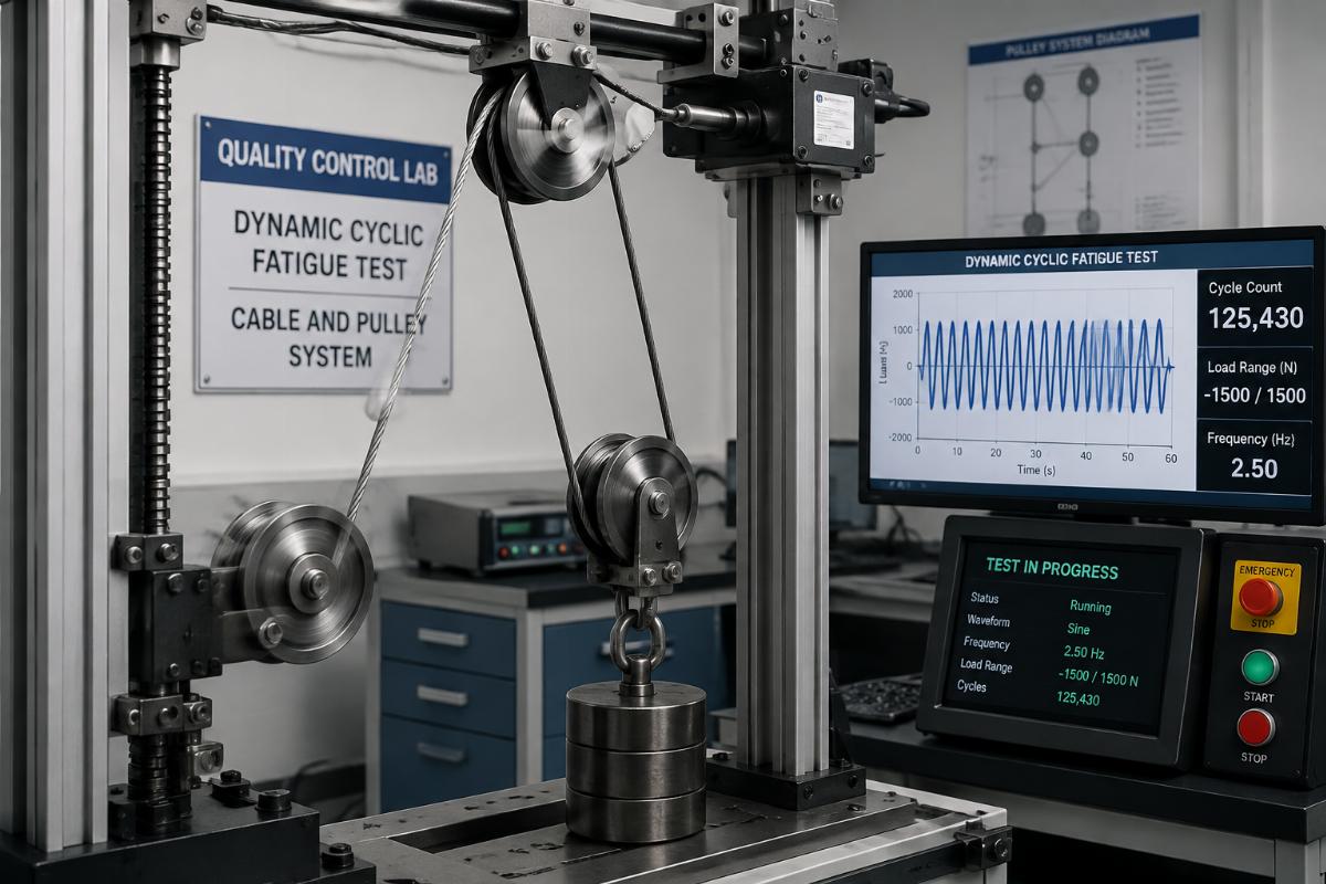 Cable and pulley system undergoing dynamic cyclic fatigue test in quality control lab