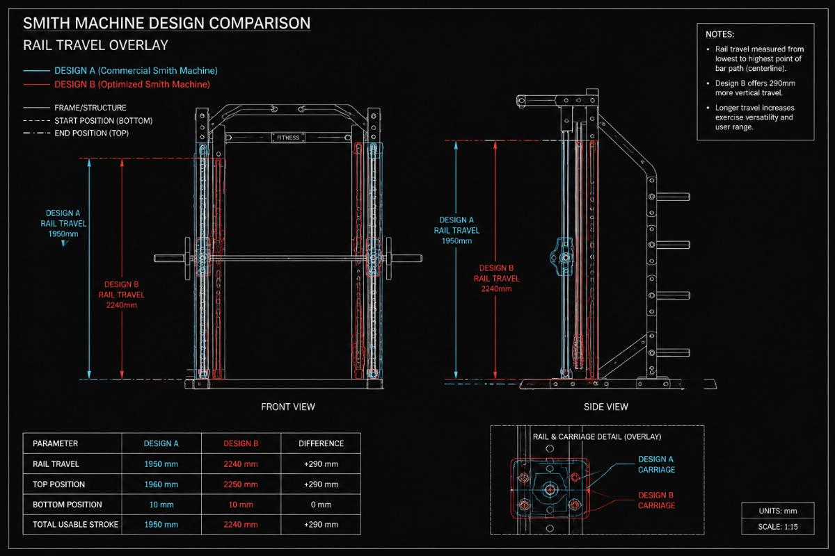 CAD drawing overlay showing rail travel comparison between two Smith machine designs