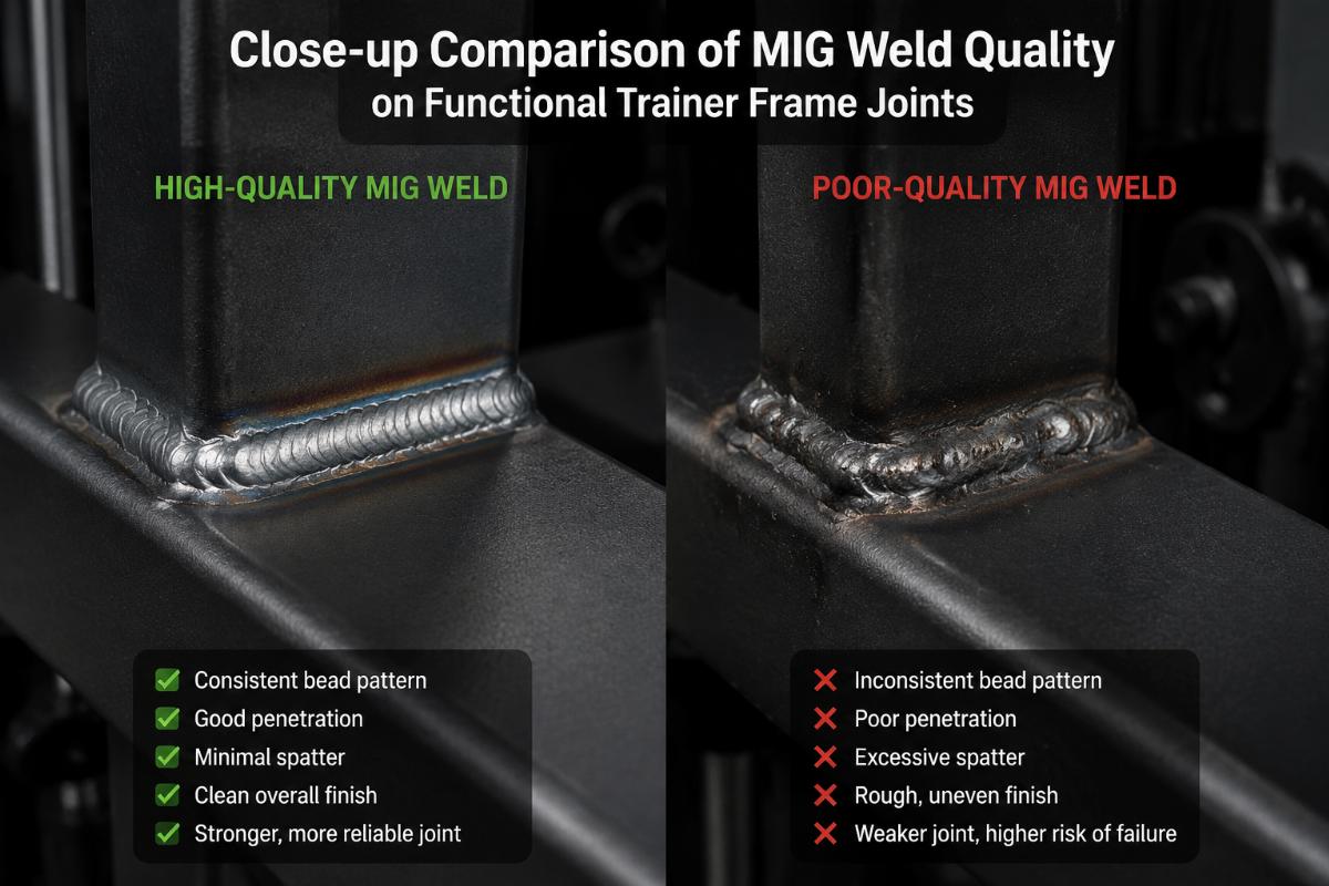 Close-up comparison of MIG weld quality on functional trainer frame joints