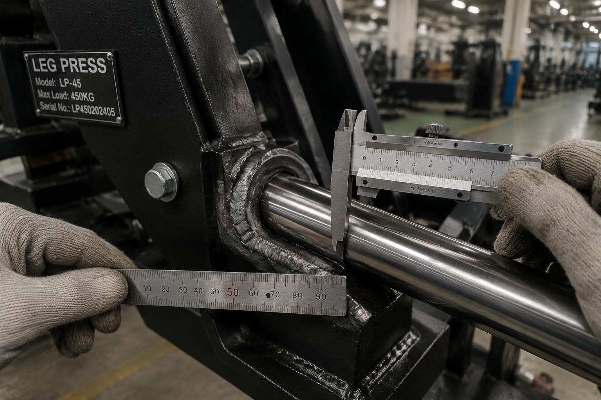 Close-up inspection of a leg press guided rail weld joint with measuring tools on a factory floor