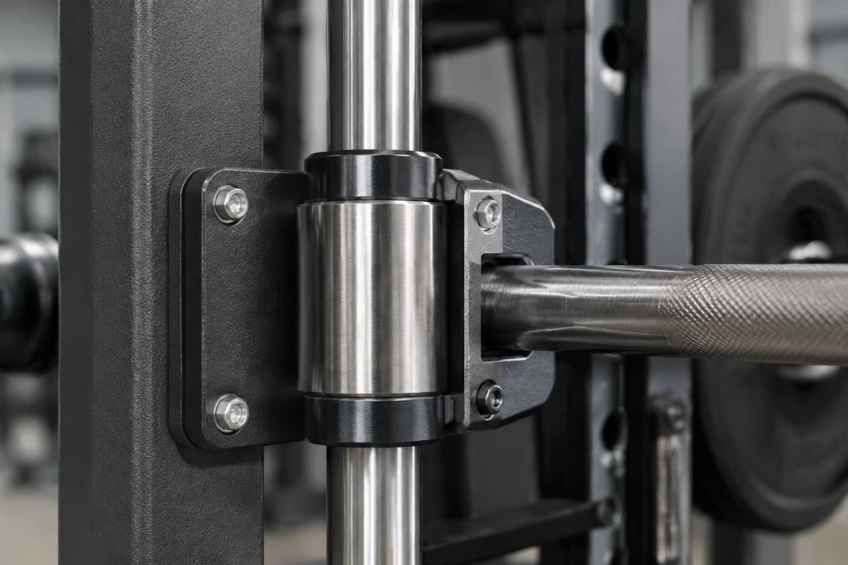 Close-up of commercial Smith machine linear bearing and guide rod assembly