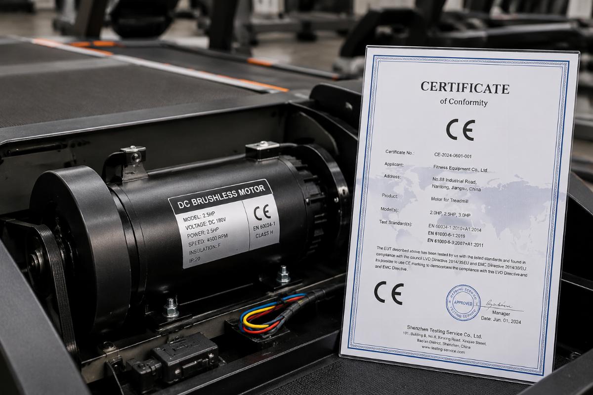 Close-up of commercial treadmill motor with CE certification documentation