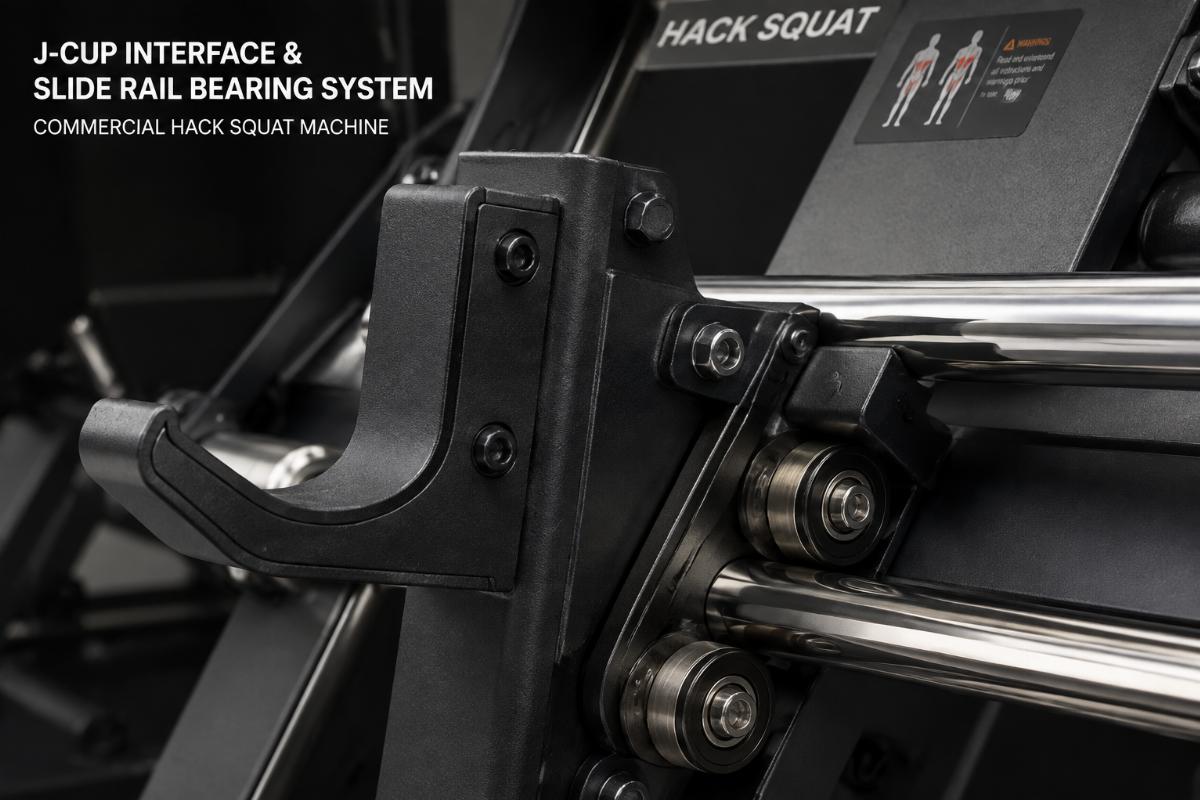 Close-up of J-cup interface and slide rail bearing system on a commercial hack squat machine