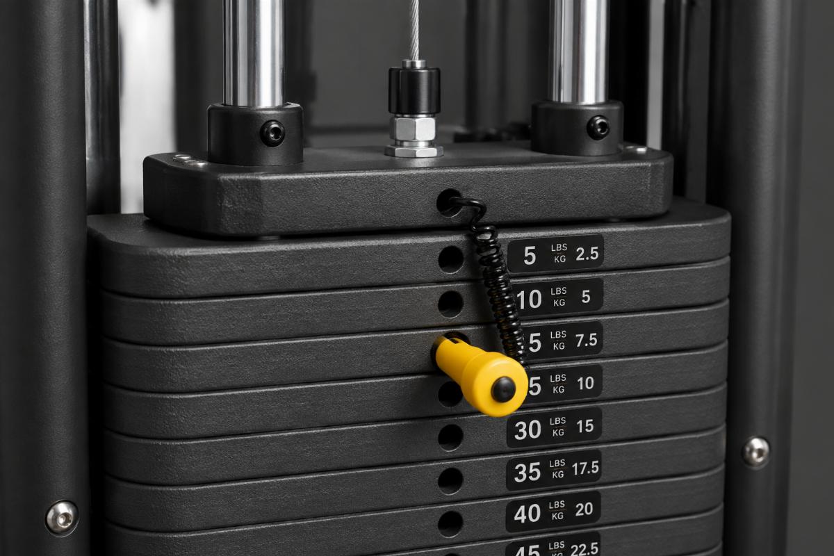 Close-up of selectorized weight stack pin insertion mechanism and guide rail assembly