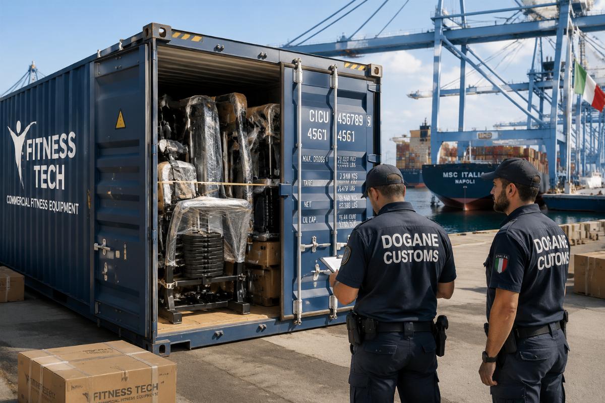 Commercial fitness equipment container at Italian port with customs inspection