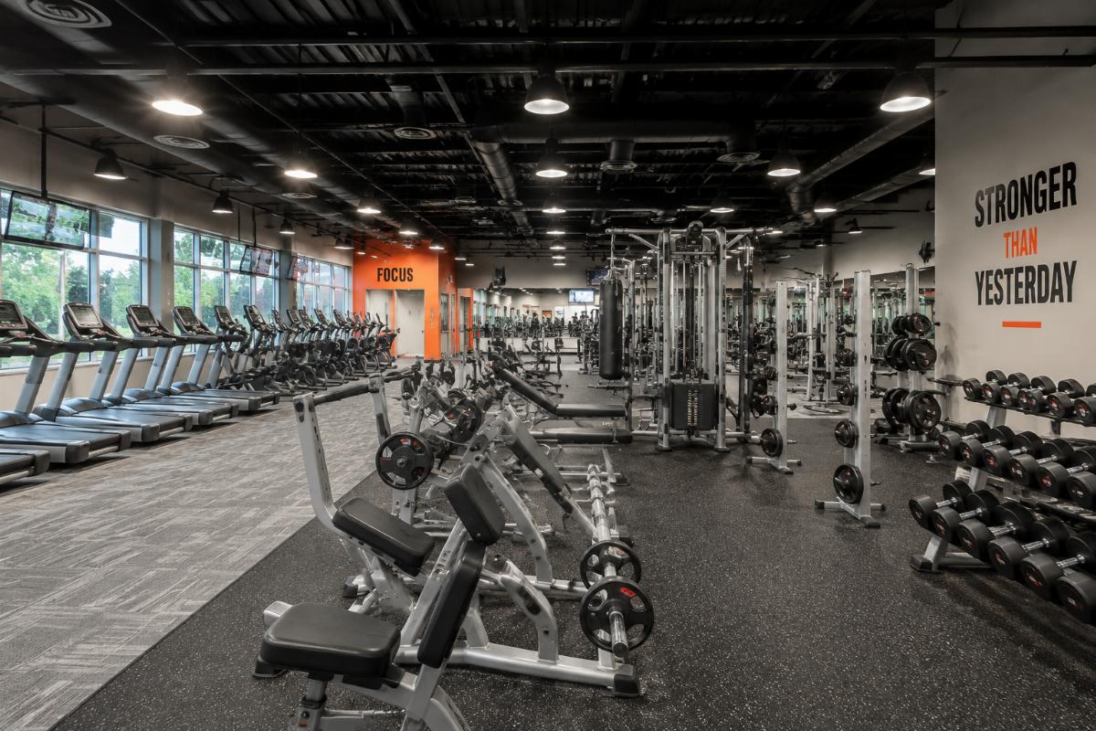 Commercial gym interior with complete cardio and strength equipment layout