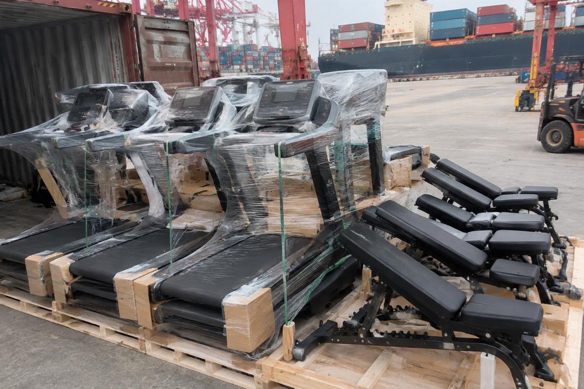 Commercial treadmill and adjustable benches loaded in LCL shipment at Chinese port