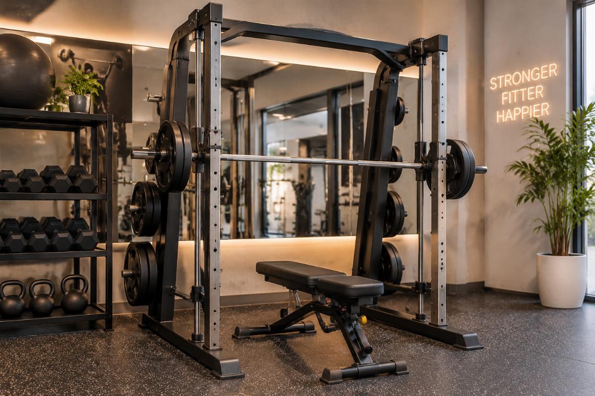 Compact commercial Smith machine layout inside a boutique fitness studio