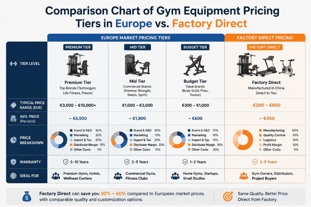 Comparison chart of gym equipment pricing tiers in Europe versus factory direct