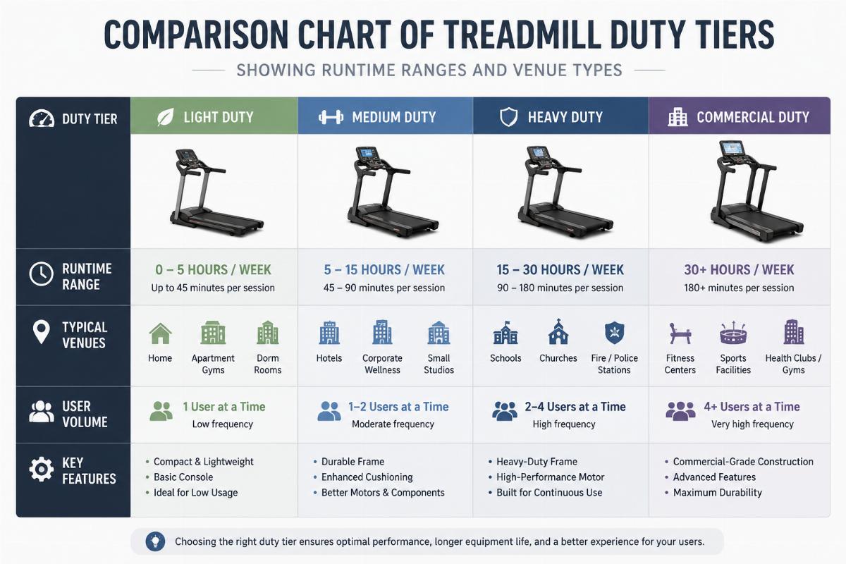 Comparison chart of treadmill duty tiers showing runtime ranges and venue types