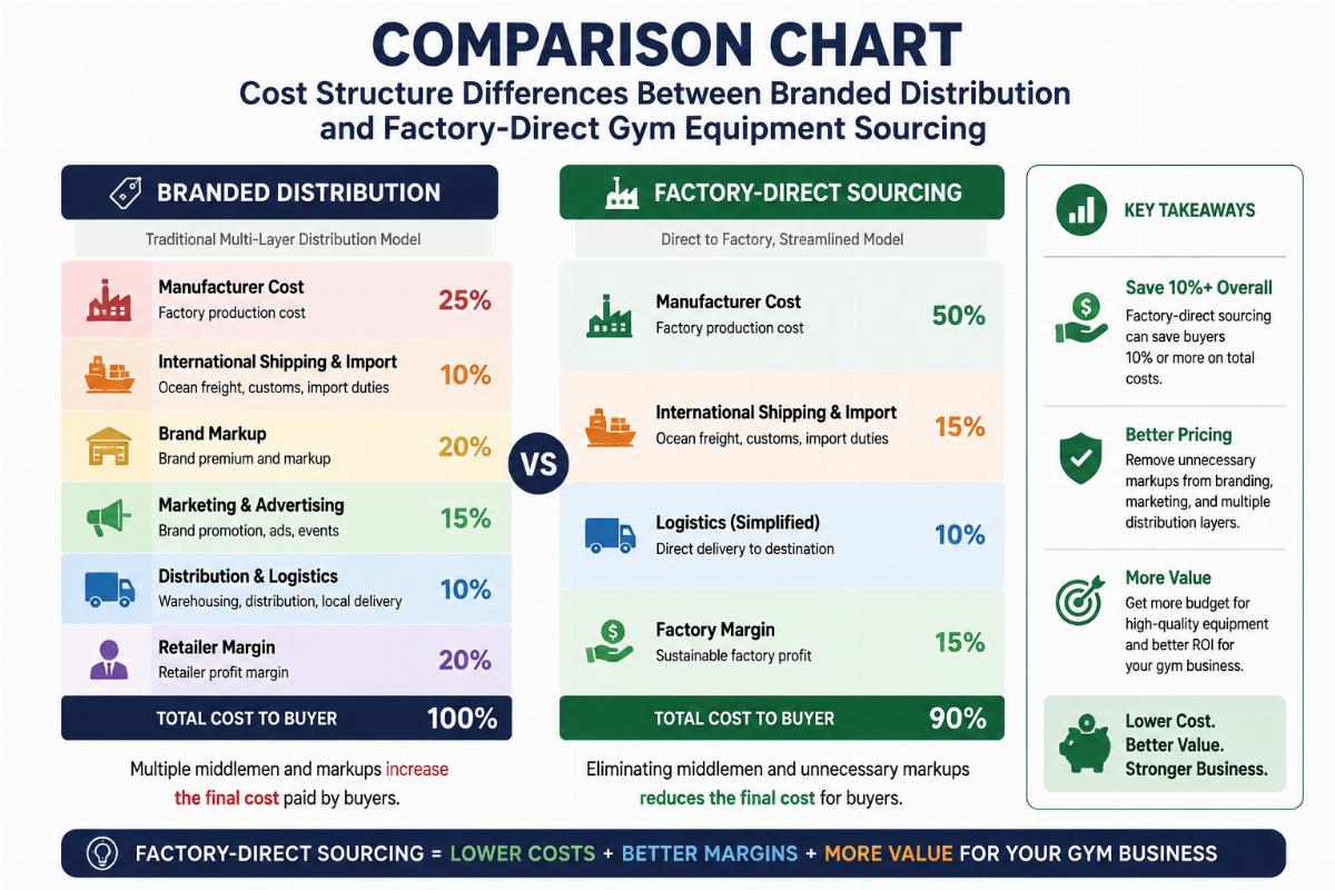 Comparison chart showing cost structure differences between branded distribution and factory-direct gym equipment sourcing