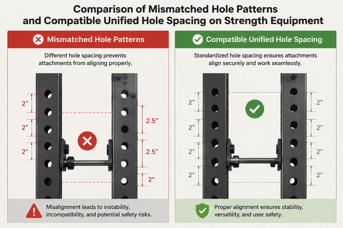 Comparison of mismatched hole patterns and compatible unified hole spacing on strength equipment
