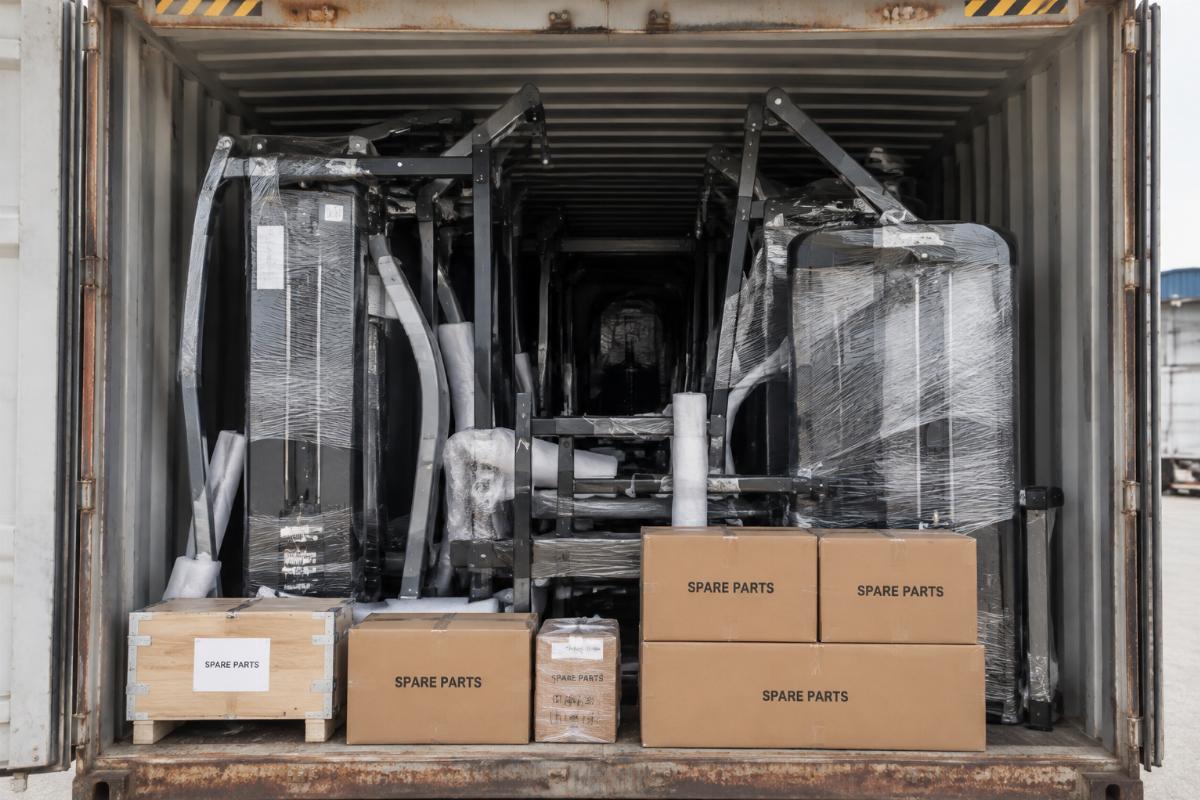 Container loading of commercial gym equipment with spare parts boxes visible