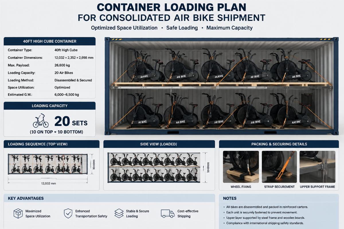Container loading plan for consolidated air bike shipment showing optimized space utilization