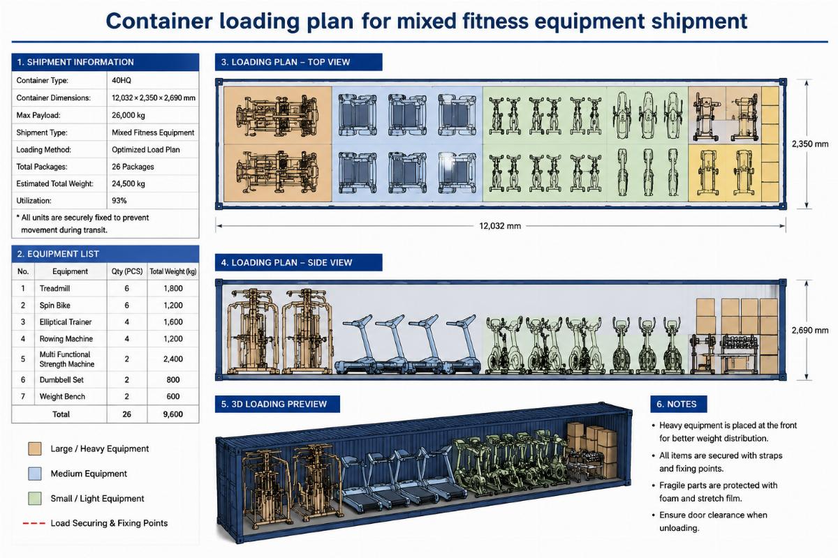Container loading plan for mixed fitness equipment shipment