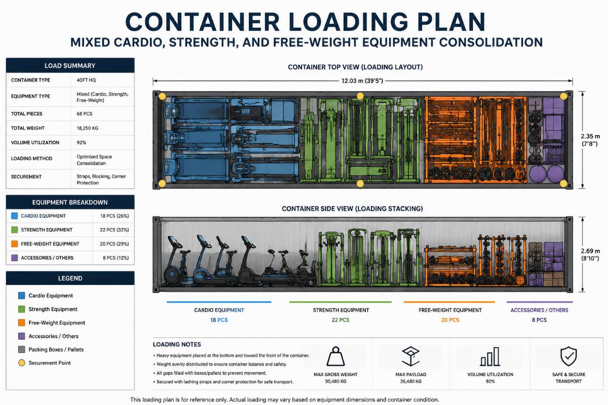 Container loading plan showing mixed cardio, strength, and free-weight equipment consolidation