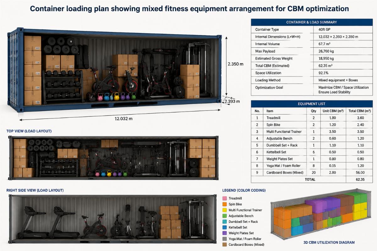 Container loading plan showing mixed fitness equipment arrangement for CBM optimization