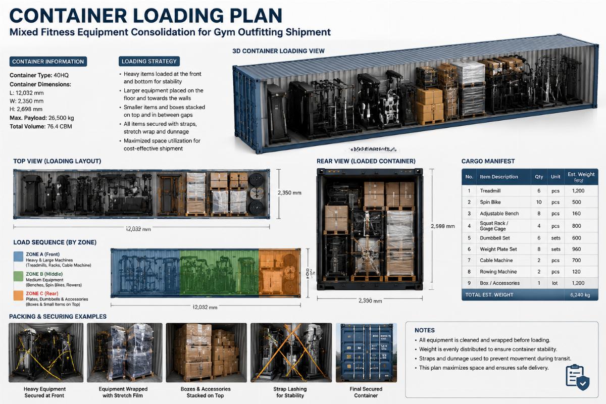 Container loading plan showing mixed fitness equipment consolidation for gym outfitting shipment