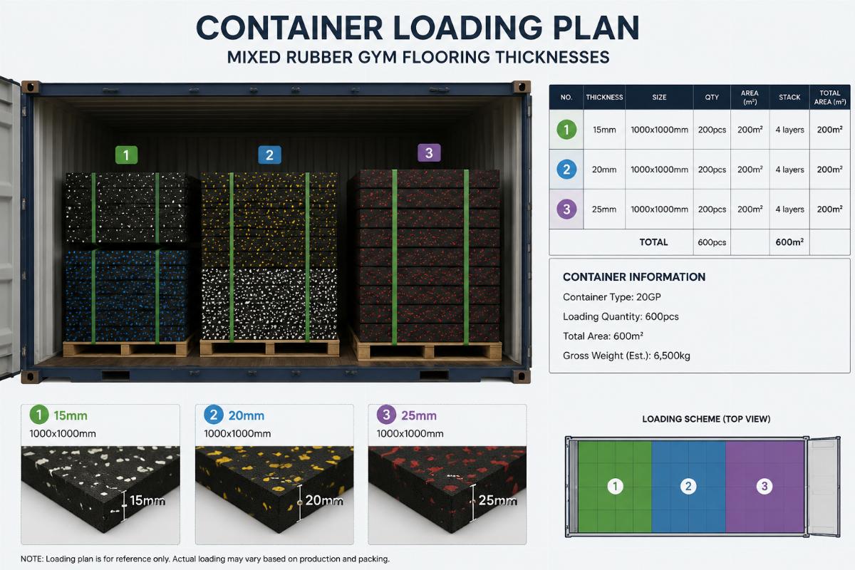 Container loading plan showing mixed rubber gym flooring thicknesses