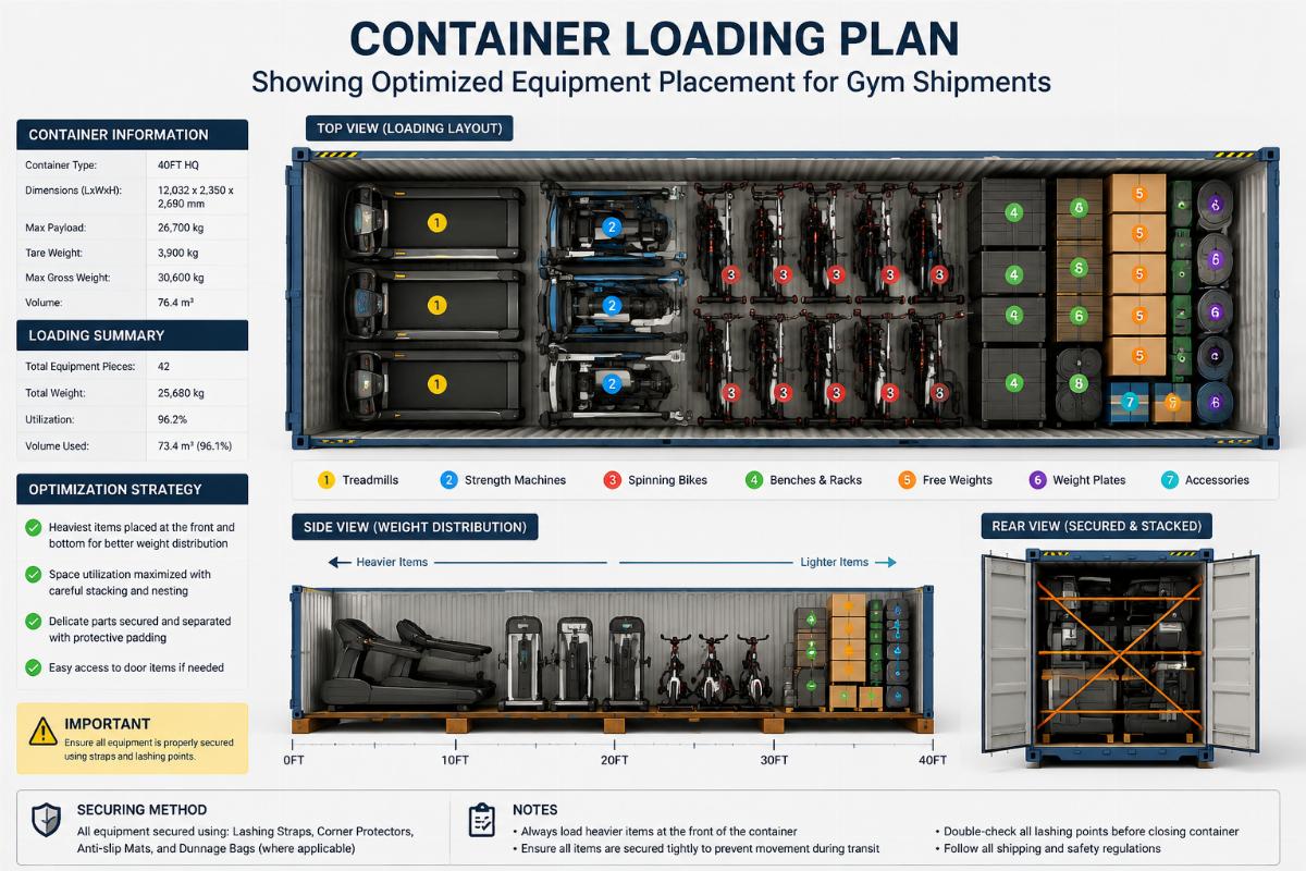 Container loading plan showing optimized equipment placement for gym shipments